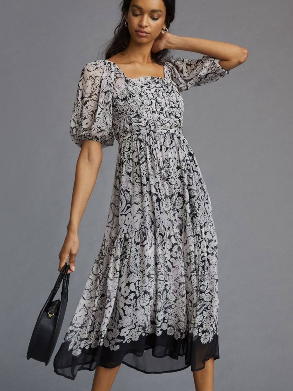Anthropologie Floral Squareneck Smocked Midi Dress Size XS